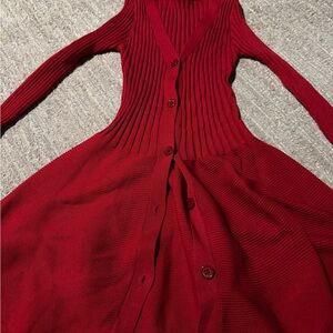 Red Ribbed Button-Up Dress